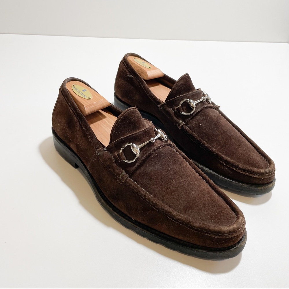 GUCCI Mens Dark Brown Sued Leather Horse Bit Loafers 22914